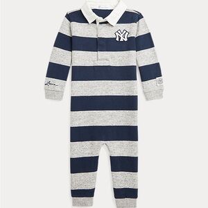 Ralph Lauren Yankees Baby Romper Striped Polo One Piece Blue Gray